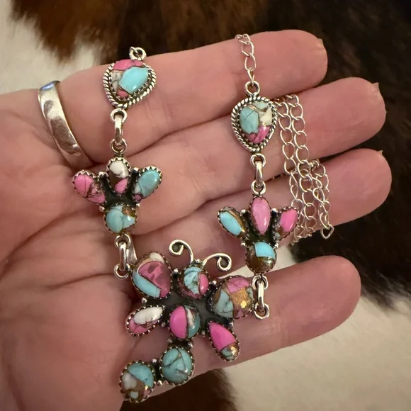 ❤️ Cotton Candy Kingman Turquoise Dragonfly Navajo Style Sterling 925 Necklace - Picture 4 of 11